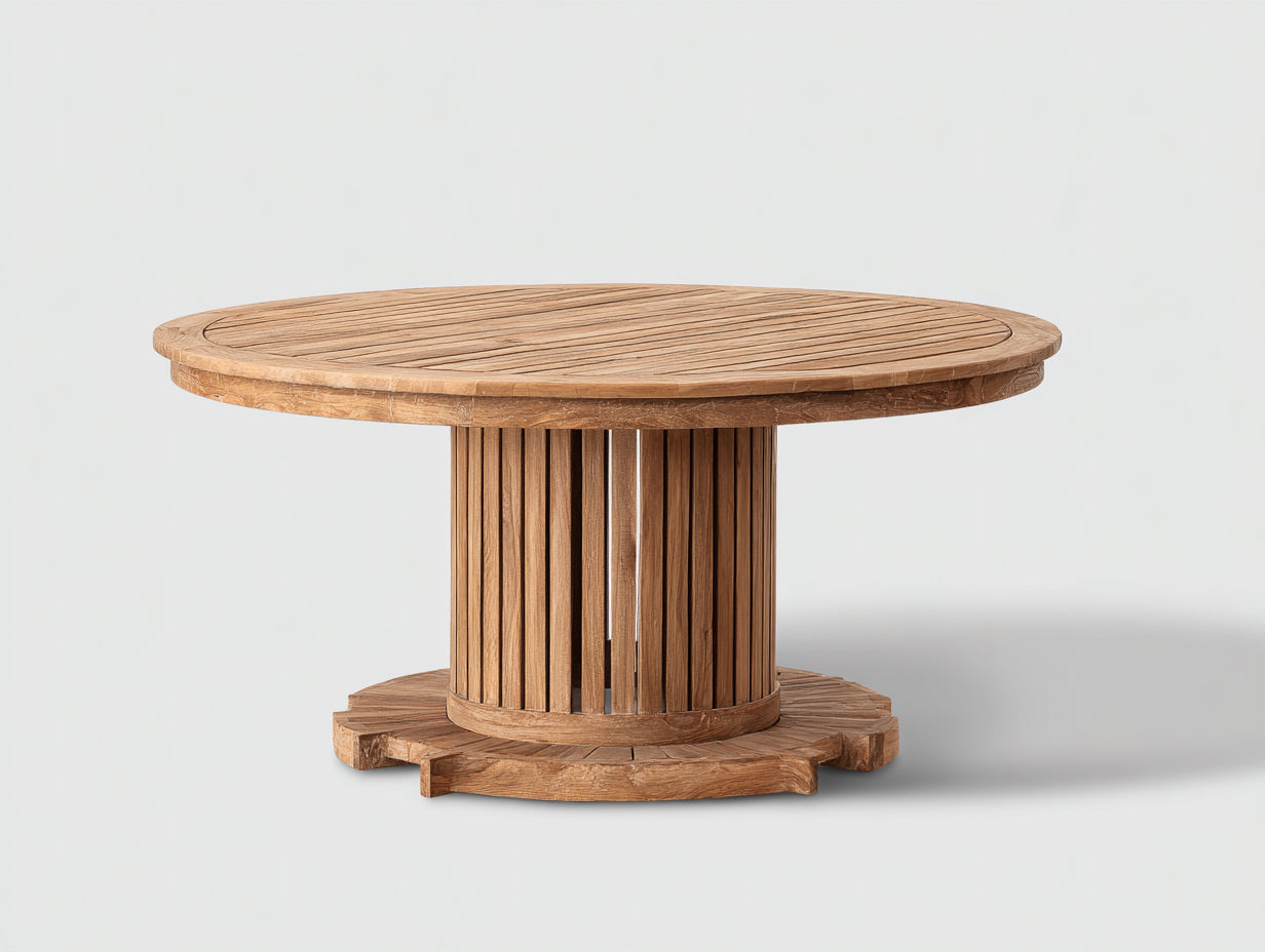 Table de jardin - Bois massif - 124 x 124 x 75cm - Naturel vieilli - Style artisanal à base sculptée