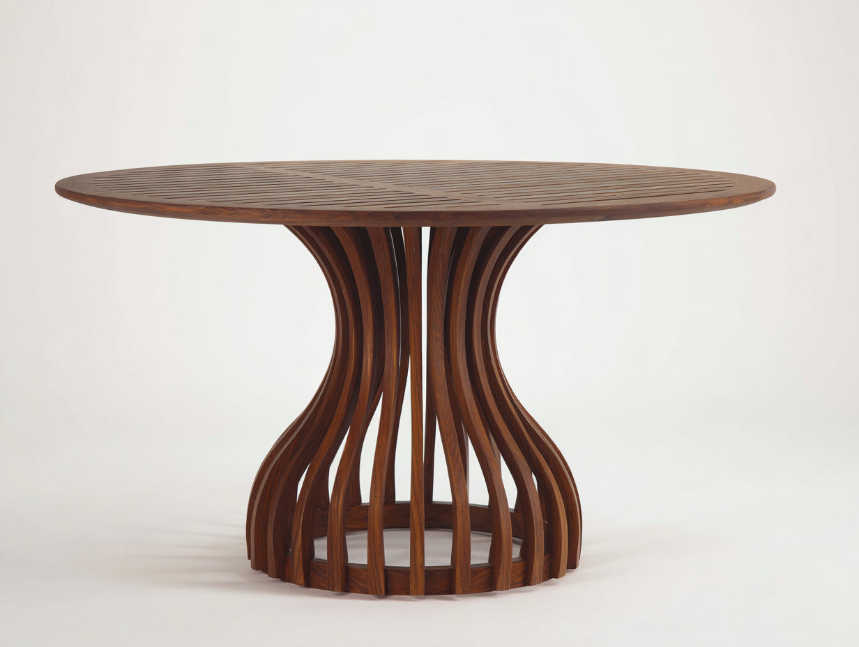 Table de jardin - Bois massif - 126 x 126 x 75cm - Brun noyer - Style sculptural courbé