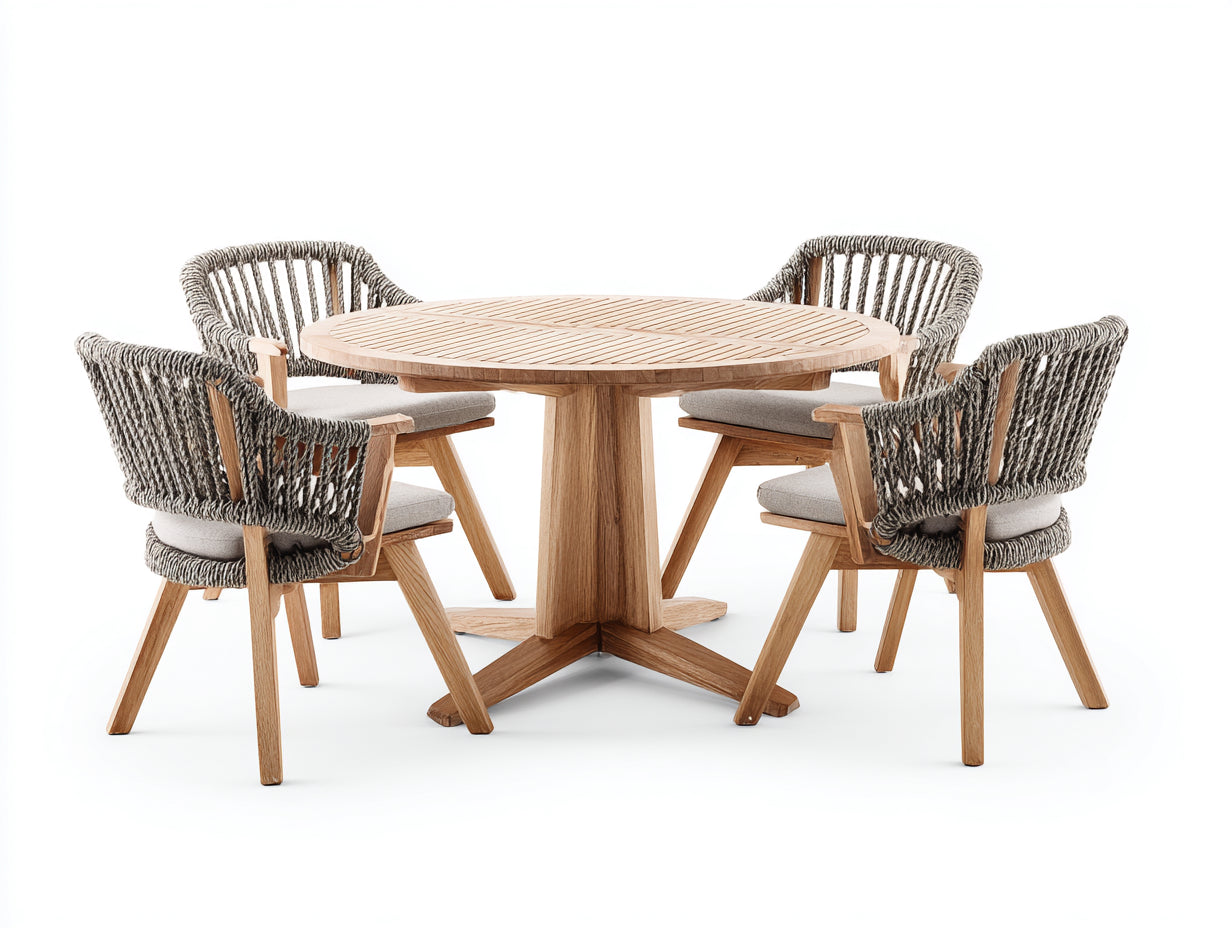 Salon de jardin repas - Bois massif-Corde tressée-Tissu - 122 x 122 x 75cm - Naturel-Gris clair - Style bohème contemporain