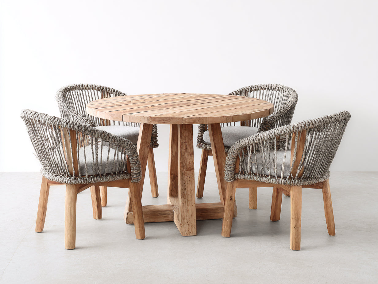 Salon de jardin repas - Bois massif-Corde tressée-Tissu - 118 x 118 x 76cm - Naturel-Gris - Style contemporain