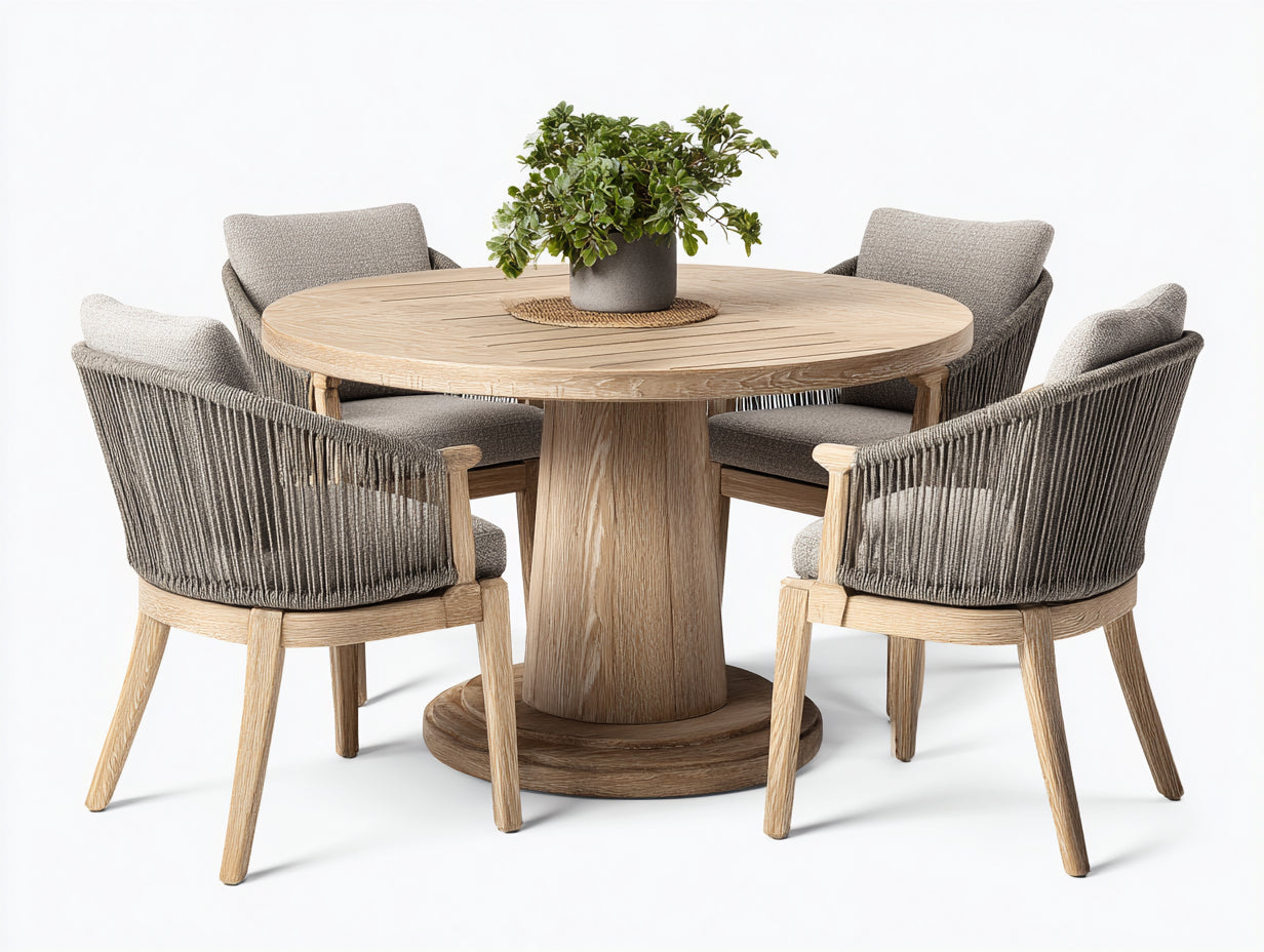 Salon de jardin repas - Bois massif-Corde tressée-Tissu - 130 x 130 x 76cm - Chêne clair-Gris taupe - Style minimaliste élégant
