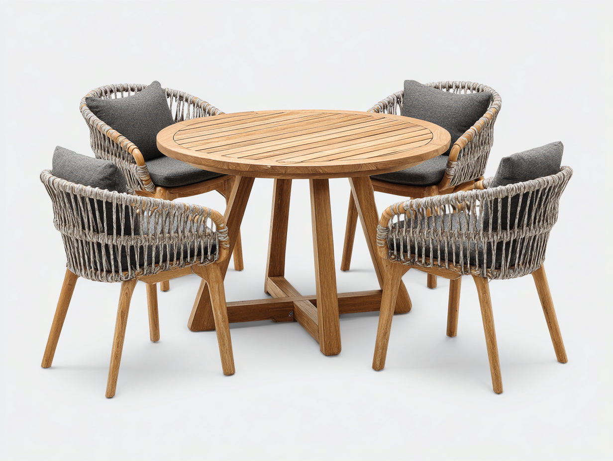 Salon de jardin repas - Bois massif-Corde tressée-Tissu - 128 x 128 x 76cm - Naturel-Gris anthracite - Style bohème contemporain
