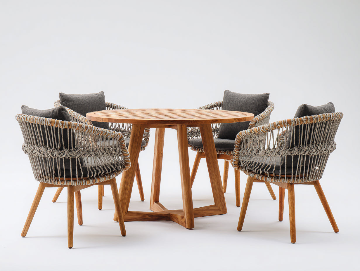 Salon de jardin repas - Bois massif-Corde tressée-Tissu - 124 x 124 x 75cm - Naturel-Gris foncé - Style artisanal contemporain