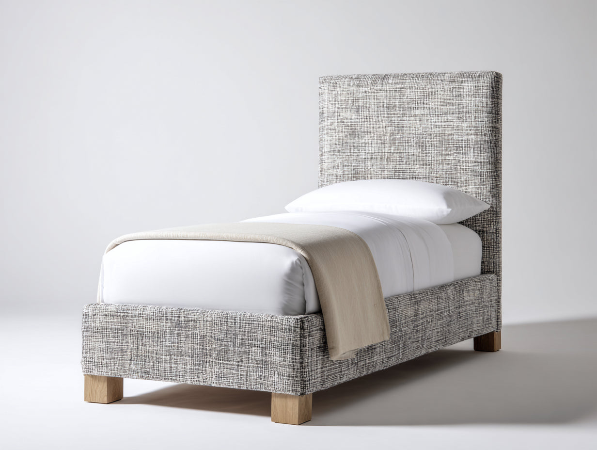 Lit simple - Tissu-Bois - 215 x 105 x 142 cm - Gris clair-Marron clair - Style contemporain