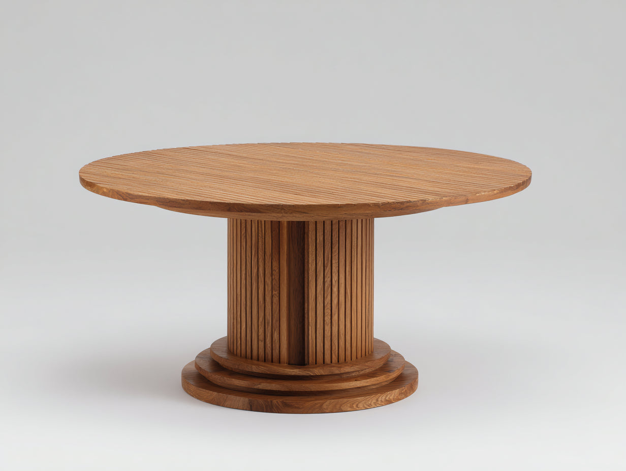 Table de jardin - Bois massif - 128 x 128 x 76cm - Chêne moyen - Style architectural à socle étagé