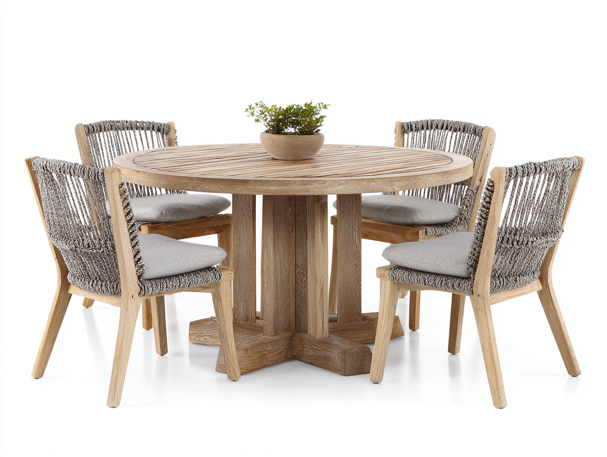 Salon de jardin repas - Bois massif-Corde tressée-Tissu - 126 x 126 x 76cm - Naturel-Gris clair - Style rustique contemporain
